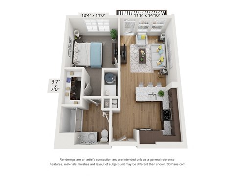 Floor plan for 1 bed, 1 bath, 615 sqft